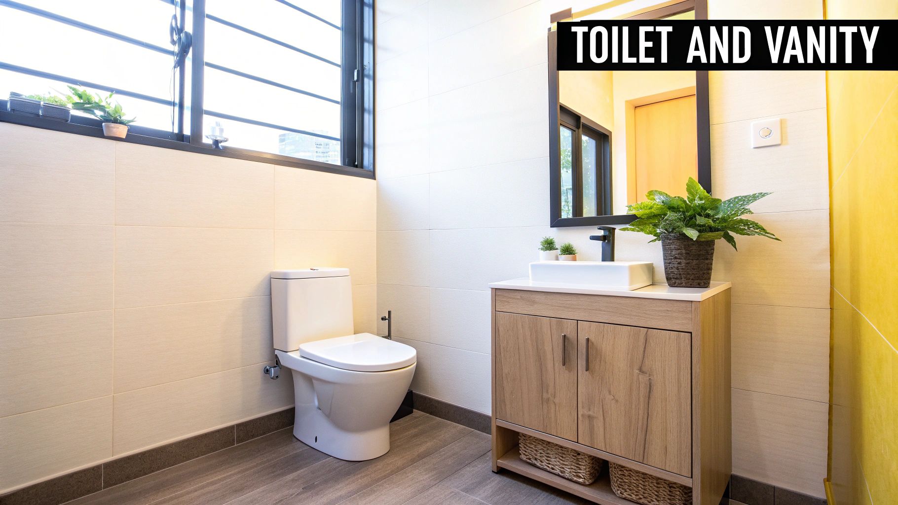 A modern bathroom with a sleek wall-hung toilet and a floating wooden vanity.