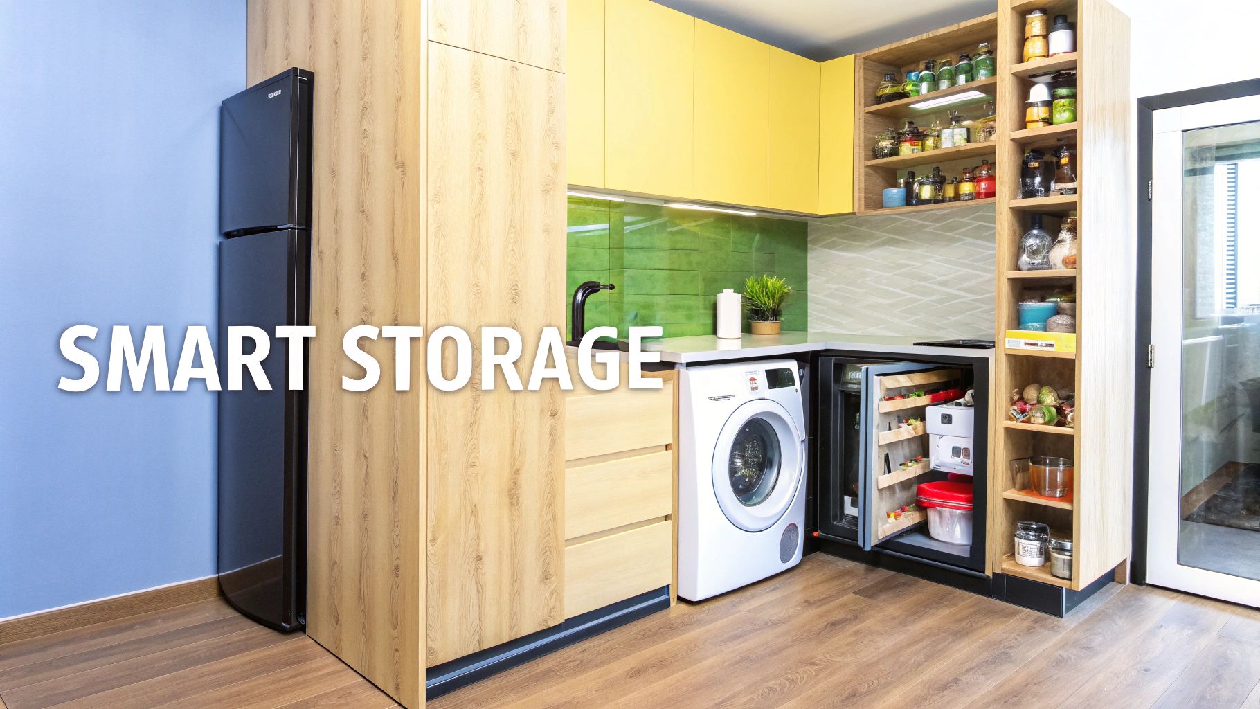 A compact kitchen featuring smart storage solutions, a black fridge, yellow cabinets, and a washing machine.