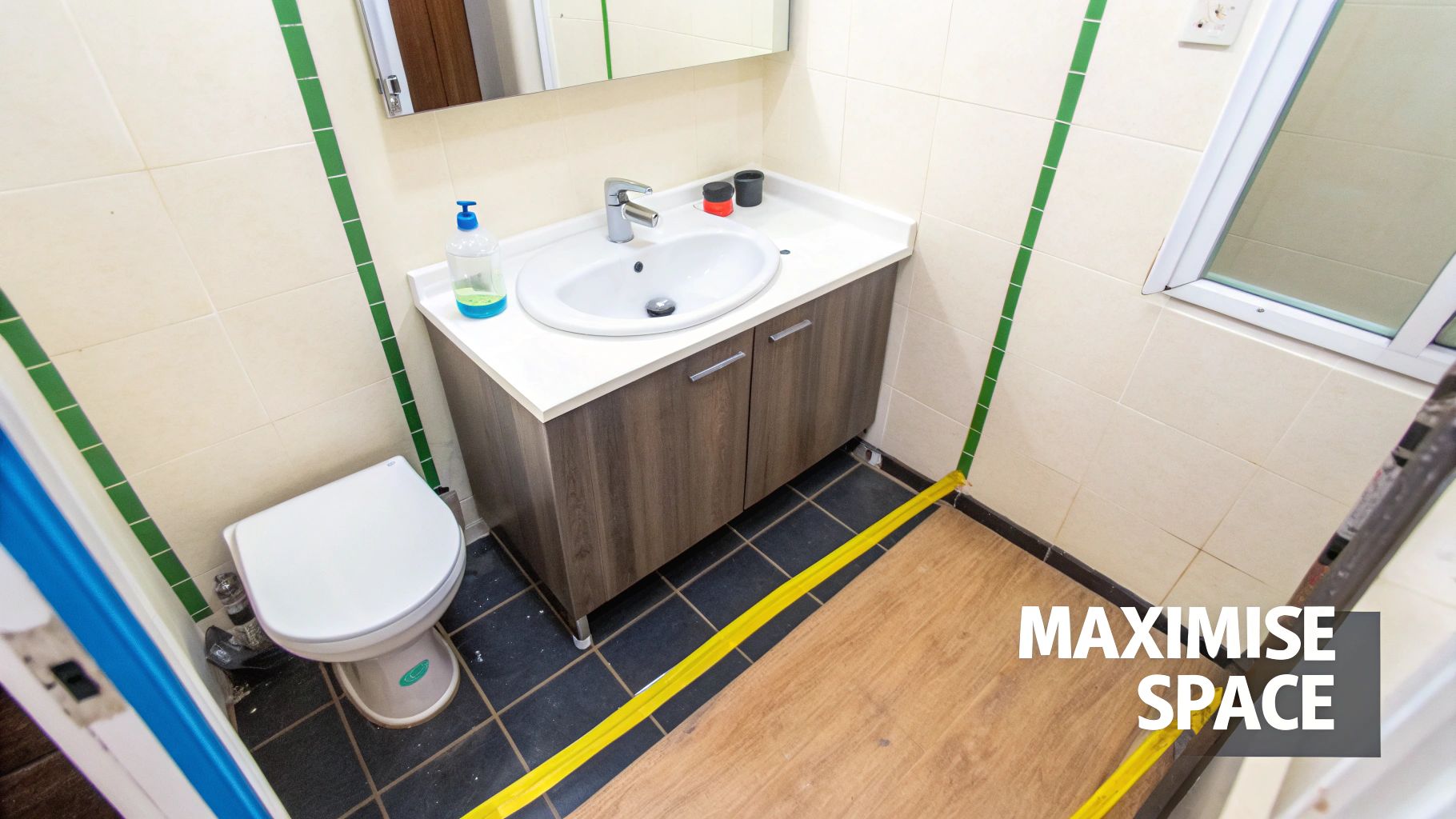 A compact bathroom interior with a white toilet, vanity with sink, and wooden cabinet, demonstrating space maximization.