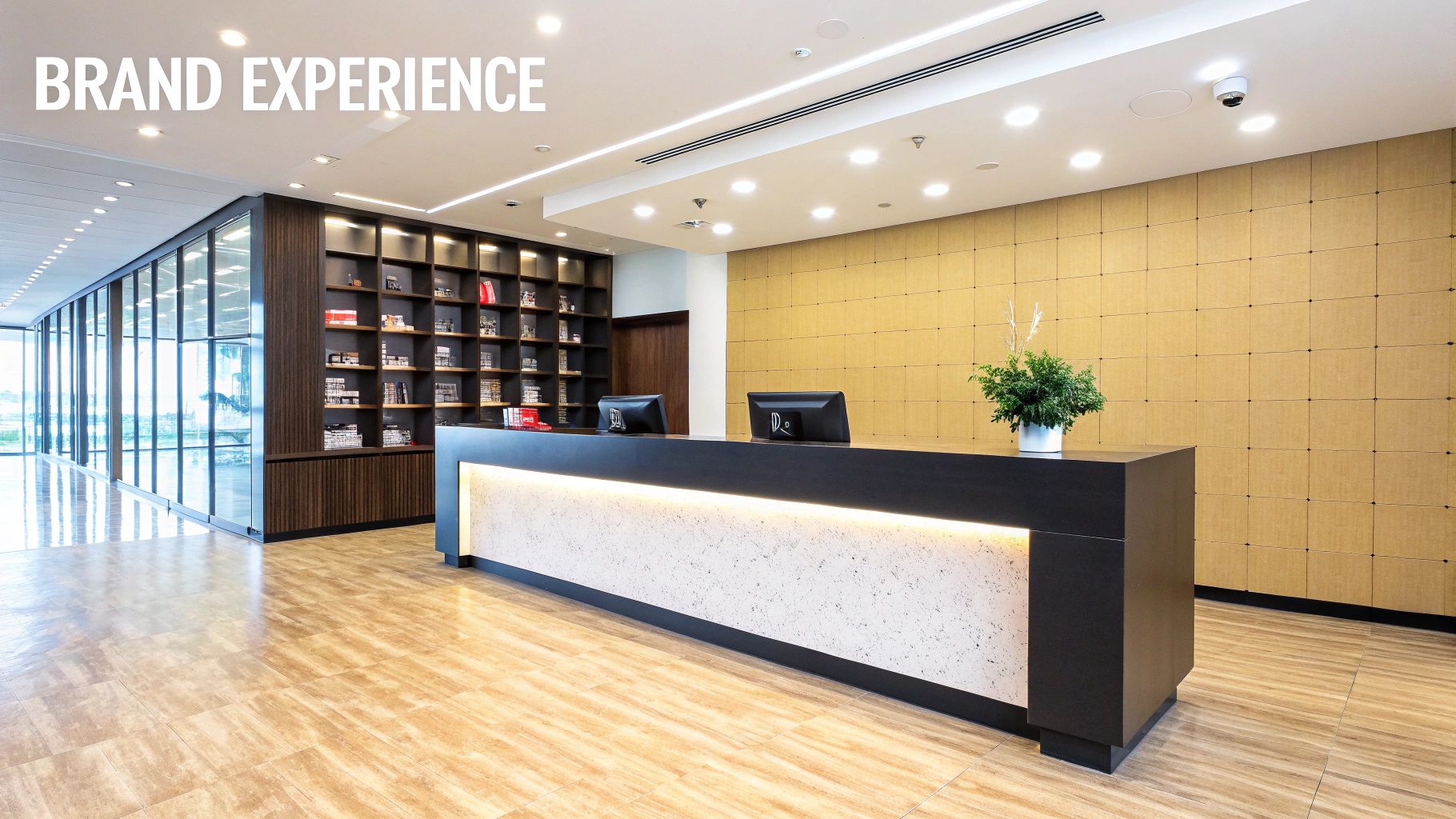 Modern lobby featuring a sleek dark reception desk with a backlit panel, wood shelving, and warm tones.
