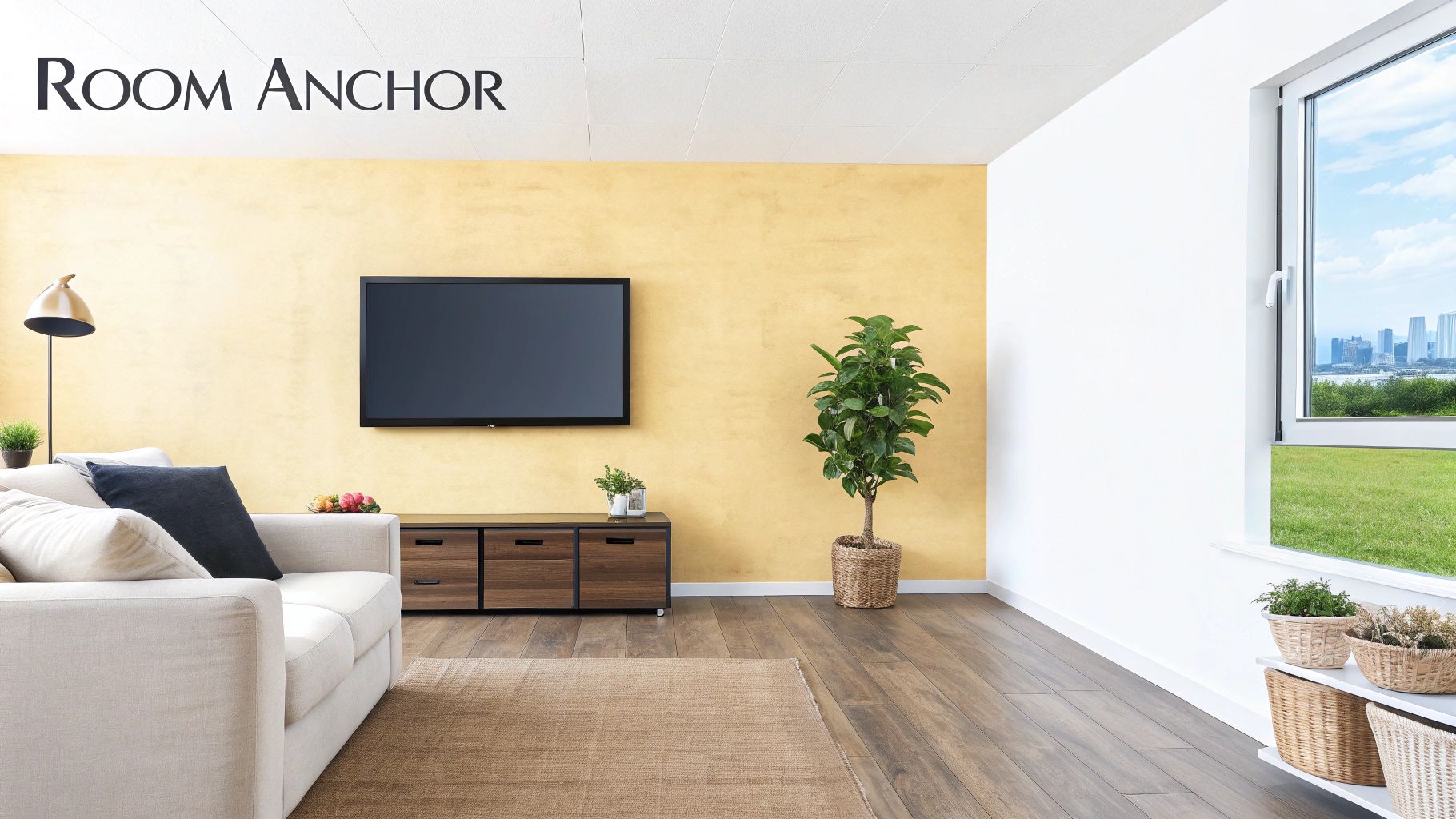 A sophisticated living room with a dark, textured feature wall behind a sleek media console and television.
