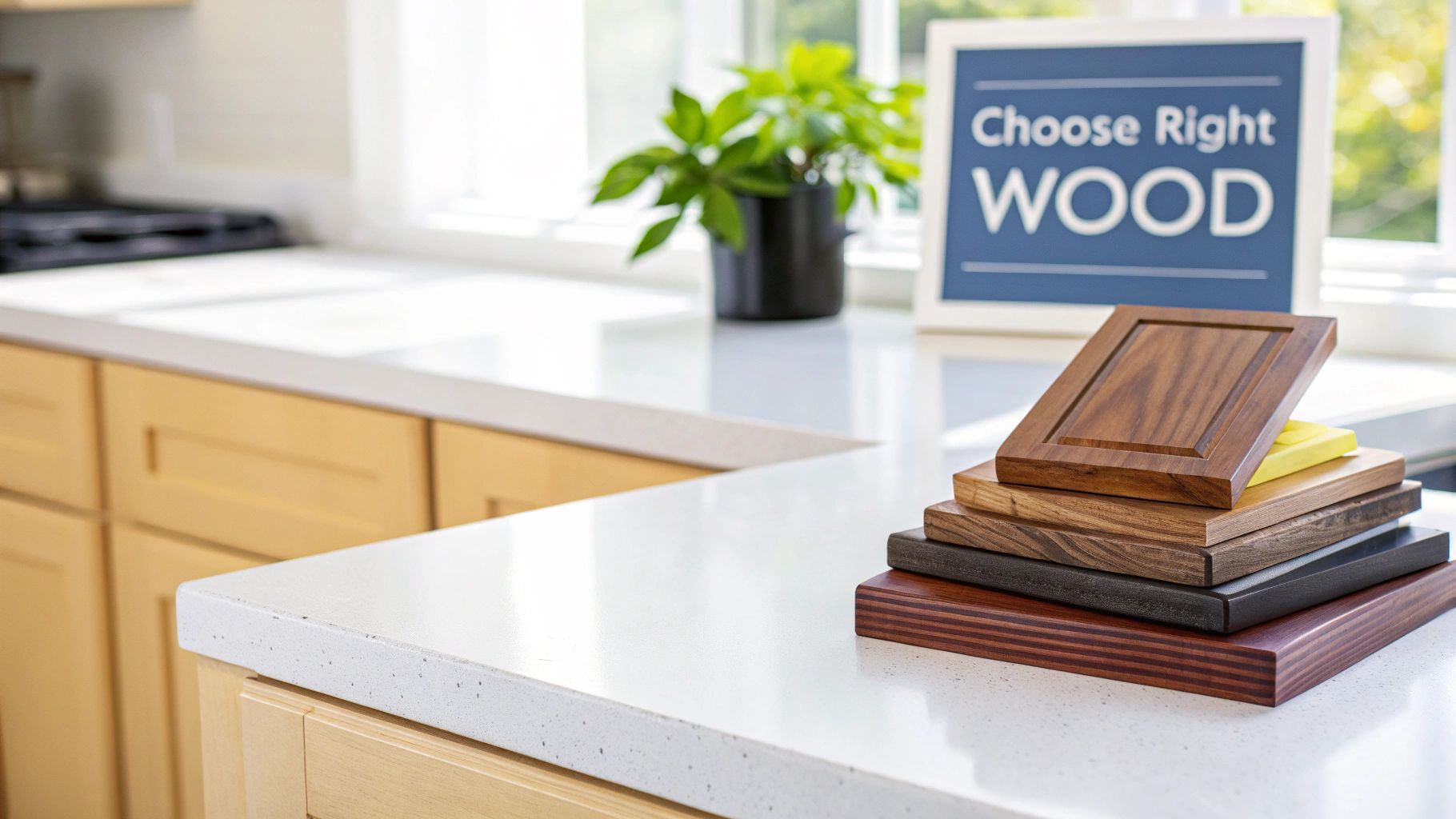 Various wood samples and a cabinet door on a white kitchen countertop with a 'Choose Right WOOD' sign.