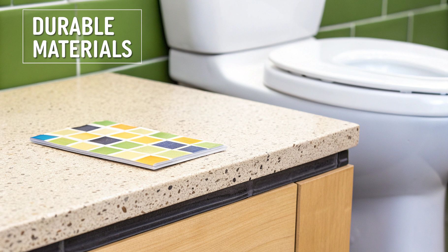 A close-up of a modern vanity countertop made of quartz, paired with a ceramic sink.