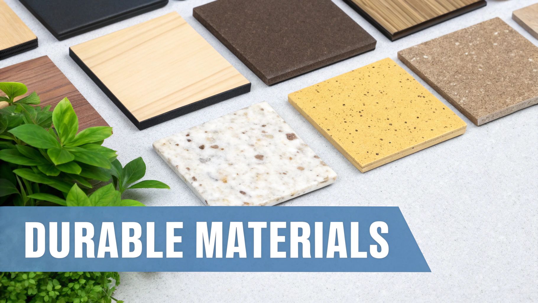 Various samples of durable materials including wood, stone, and composites, ideal for modern design.