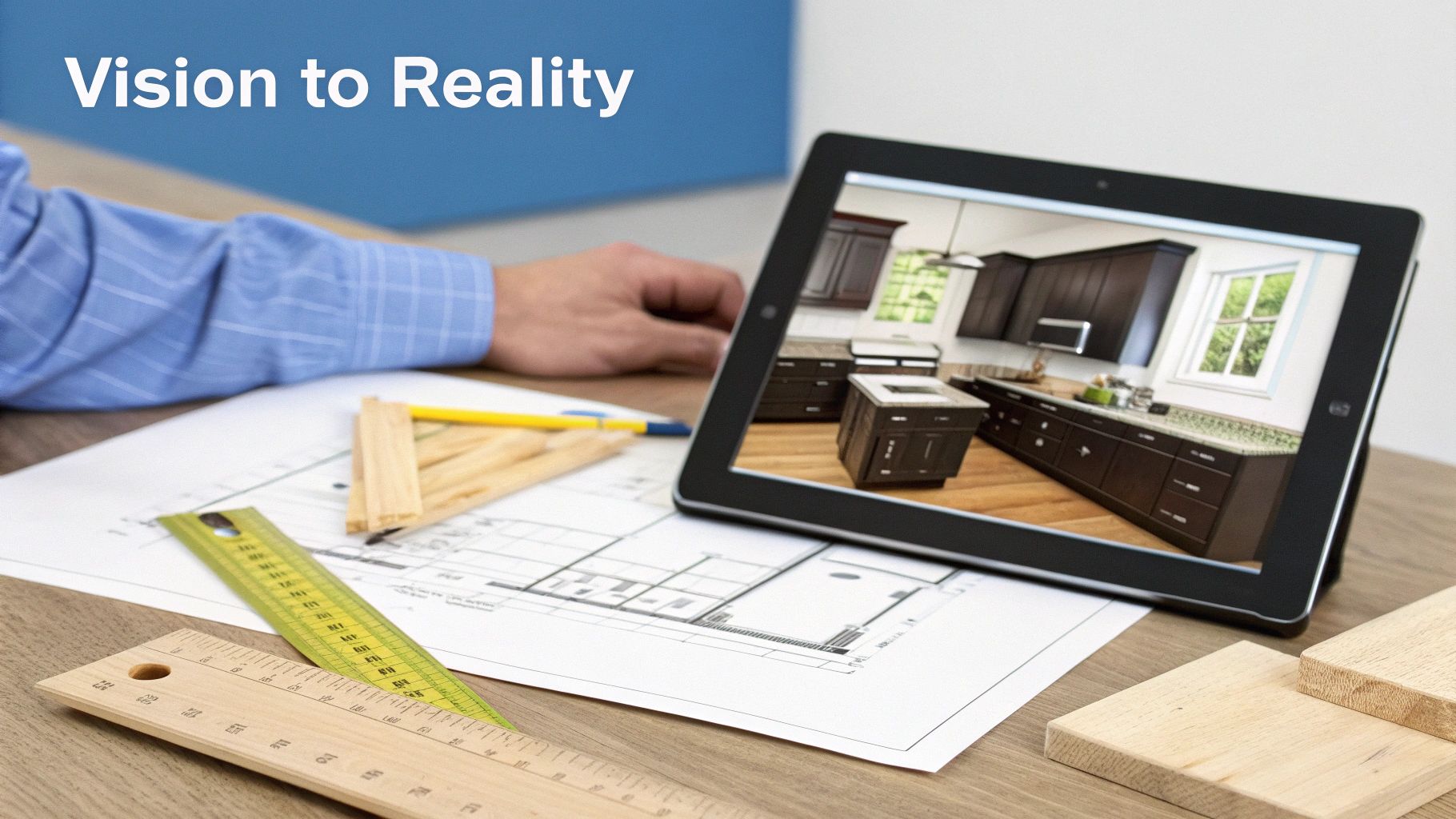 A tablet displays a 3D kitchen design next to blueprints, rulers, and wood samples.