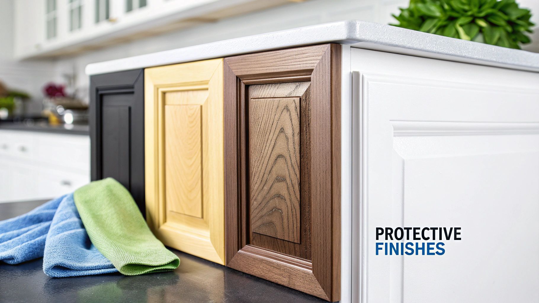 Multiple kitchen cabinet door samples in various wood and painted finishes displayed on a counter.