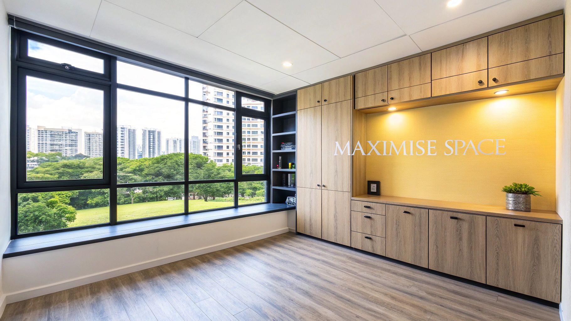 A modern living room featuring sleek, white built-in cabinets that seamlessly integrate with the wall, providing ample storage and a clean aesthetic.