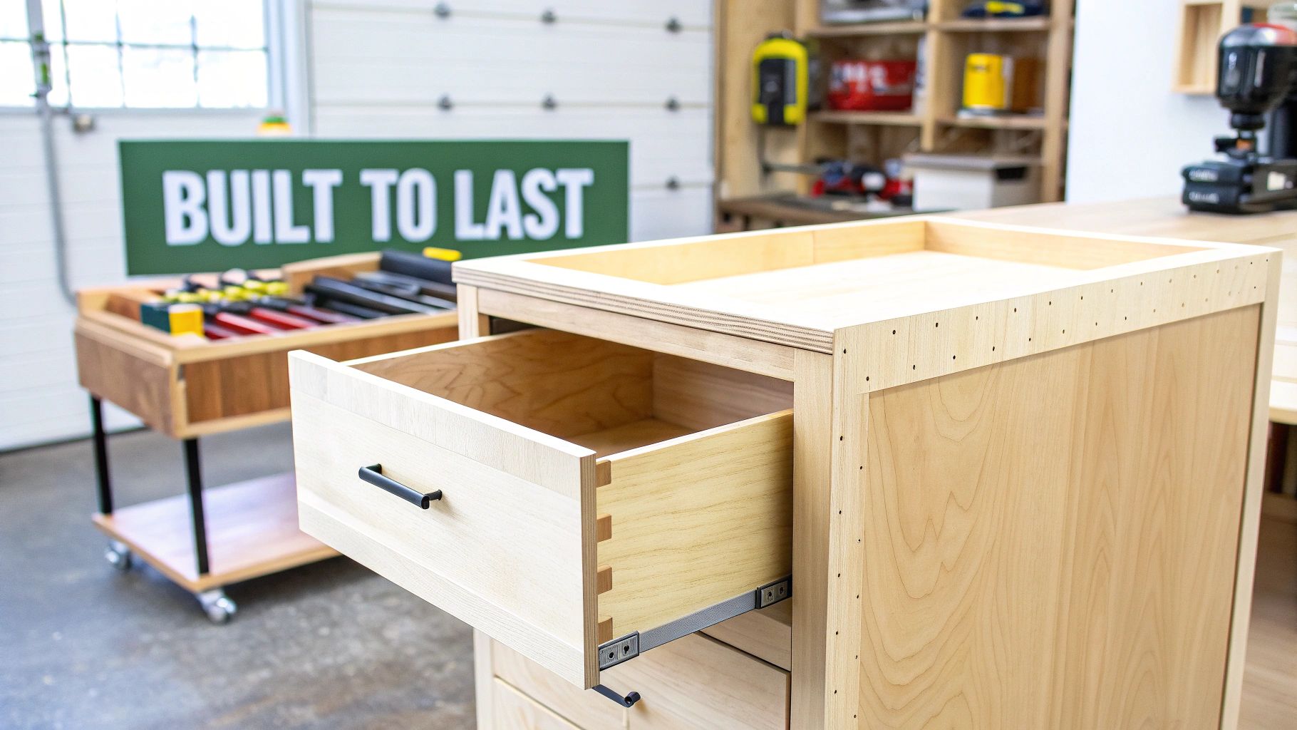 A light wood workshop cabinet with an open drawer revealing precise dovetail joints.
