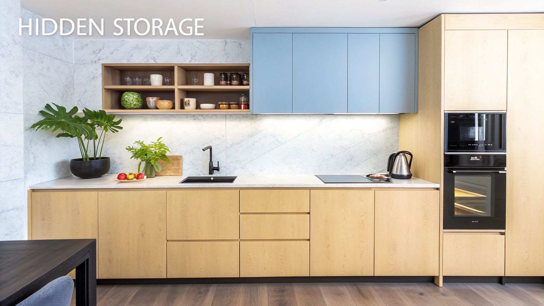 A modern kitchen featuring light wood lower cabinets, blue upper cabinets, a white marble backsplash, and integrated appliances.